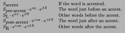 $\displaystyle \begin{array}{ll} S_{\mbox{accent}} & \mbox{If the word is accent... ...\cdot e^{\gamma \beta X} & \mbox{Other words after the accent.} \end{array}$
